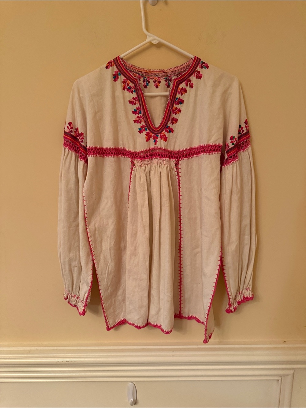 Embroidered Boho Peasant Top Cream with Pink Accents